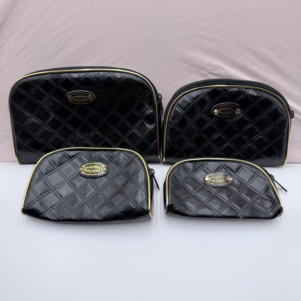 Original Paris Design 4 Piece Quilted Cosmetic Bag Set Black Gold Travel Pouches